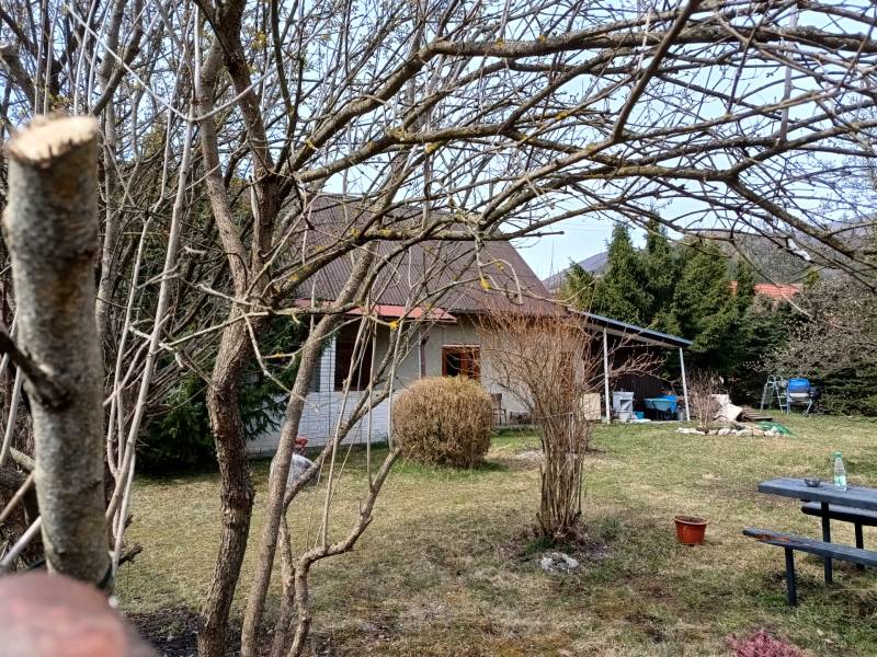 Ein Einfamilienhaus in Vrícko, umgeben von Bäumen und Rasen auf dem Land.