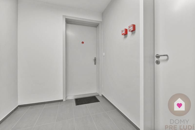 Flur mit Türen, hellgrauen Wänden und Fliesen in einer Einzimmerwohnung.