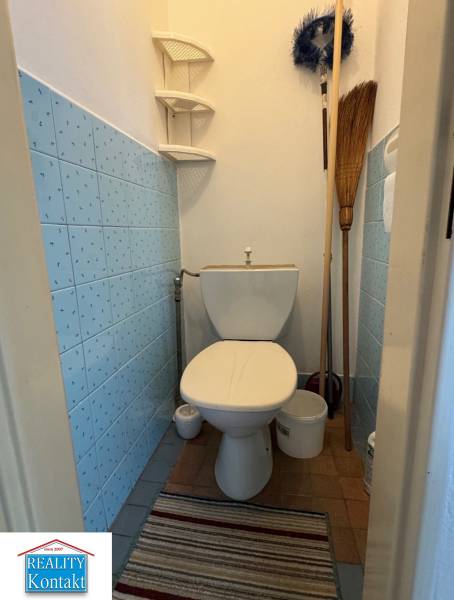 Eine Toilette in einem Einfamilienhaus mit blauen Fliesen, Eckregalen und einem Teppich.