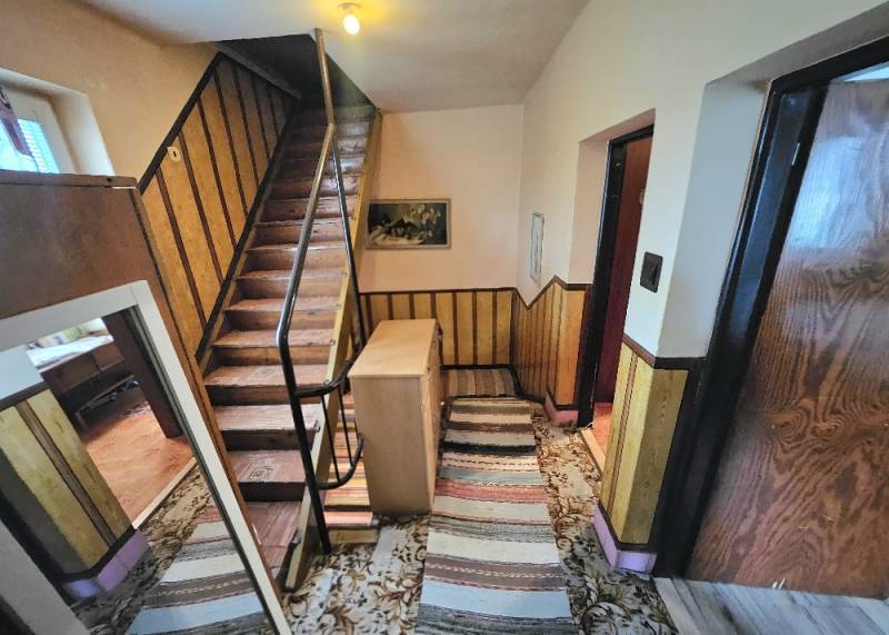 Treppe mit Holzgeländer, Teppich und dekorative Wandverkleidung in einem Einfamilienhaus.