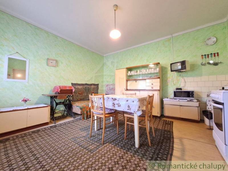 Innenraum eines Einfamilienhauses mit Esstisch, Sessel und Retro-Fernseher.