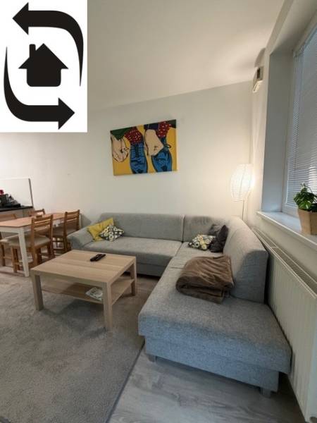 Helles Wohnzimmer mit Ecksofa und Kunst in einer 2-Zimmer-Wohnung.