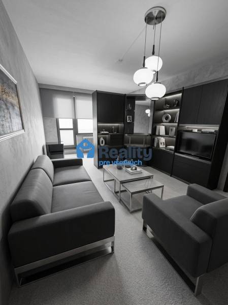 Wohnzimmer in einer 2-Zimmer-Wohnung mit dunklen Möbeln und einem komfortablen Sofa.