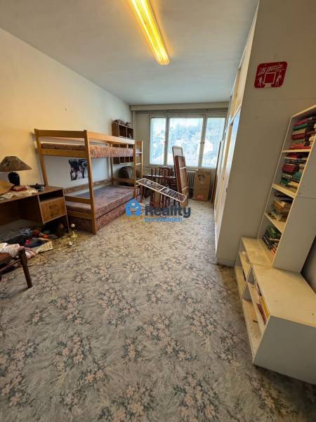 Ein Zimmer in einer 2-Zimmer-Wohnung mit einem Etagenbett, einem Teppich und Regalen voller Bücher.