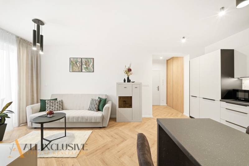 Wohnzimmer in einer 4-Zimmer-Wohnung mit Holzboden und minimalistischer Dekoration.
