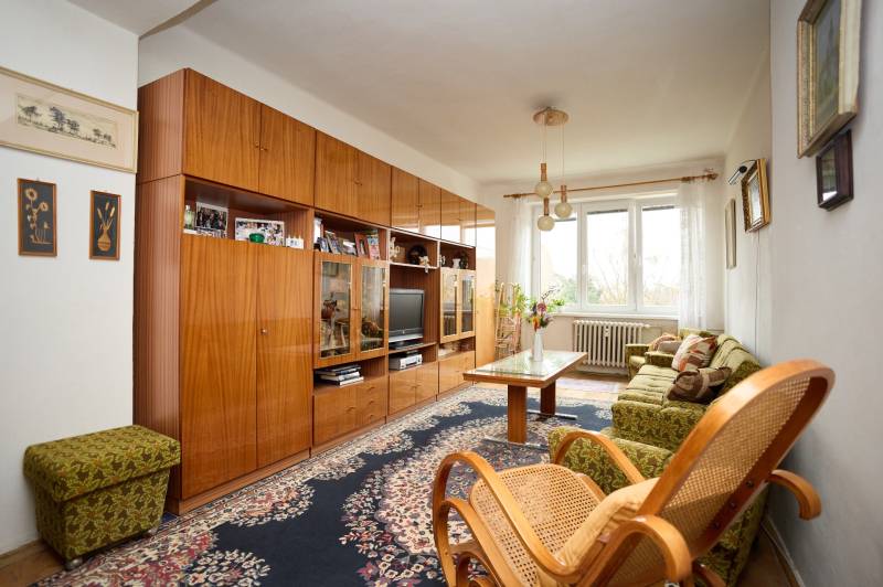 Wohnzimmer mit Teppich, Holzmöbeln und großem Fenster in einer 3-Zimmer-Wohnung.