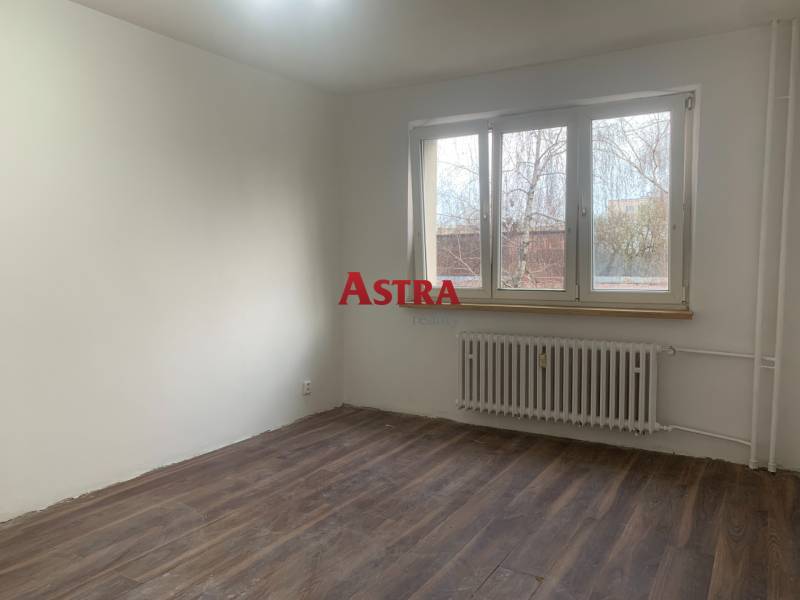 Ein Zimmer mit weißen Wänden, einem Boden in Holzoptik und einem großen Fenster in einer 2-Zimmer-Wohnung.