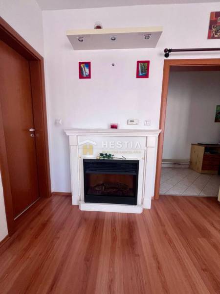 Ein Kamin im Innenraum mit Holzboden und Türen, in einem Einzimmerwohnung platziert.