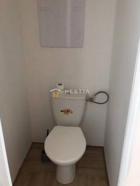 Toilette mit Holzboden in einer 2-Zimmer-Wohnung.