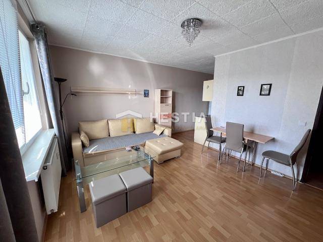 Wohnzimmer in einer 2-Zimmer-Wohnung mit Holzboden.