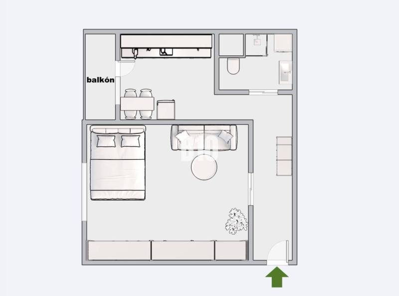 Grundriss einer Einzimmerwohnung mit Balkon, Badezimmer und Küche.
