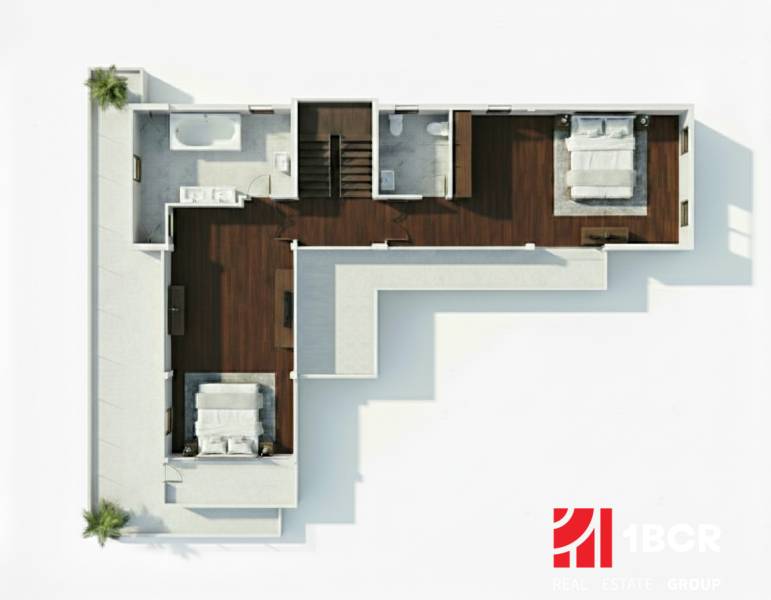 Grundriss einer Villa mit zwei Schlafzimmern und einem Badezimmer, die einen Bodenbelag mit Holzdekor nutzt.