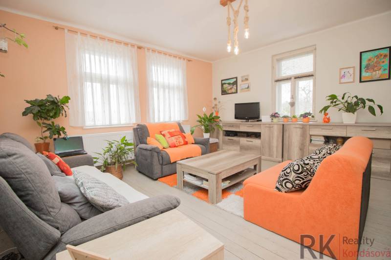 Wohnzimmer in einem Einfamilienhaus mit orangefarbenen Sofas, Pflanzen und einem Holzboden.