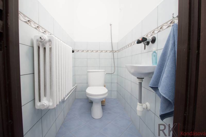 Ein Badezimmer mit blauen Fliesen, Toilette und Waschbecken in einem Einfamilienhaus.