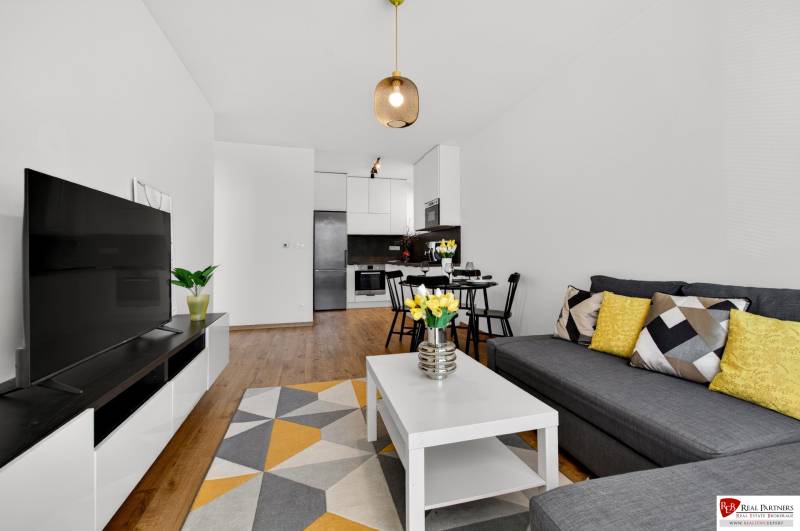 Wohnzimmer in einer Zweizimmerwohnung mit Sofa, Tisch und Holzboden.
