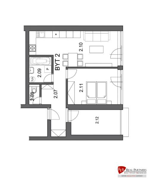 Grundriss einer 2-Zimmer-Wohnung mit Küche, Wohnzimmer, Badezimmer und Balkon.
