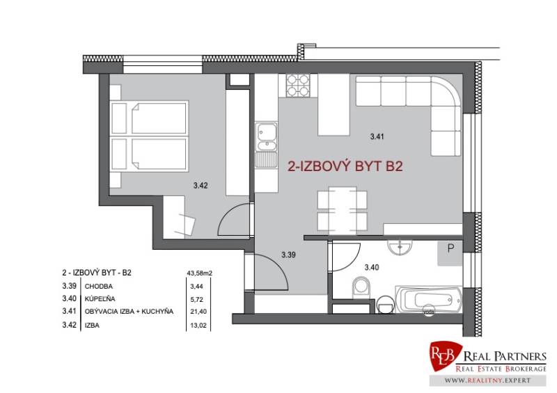Grundriss einer 2-Zimmer-Wohnung mit Küche und Badezimmer, helle Raumaufteilung.