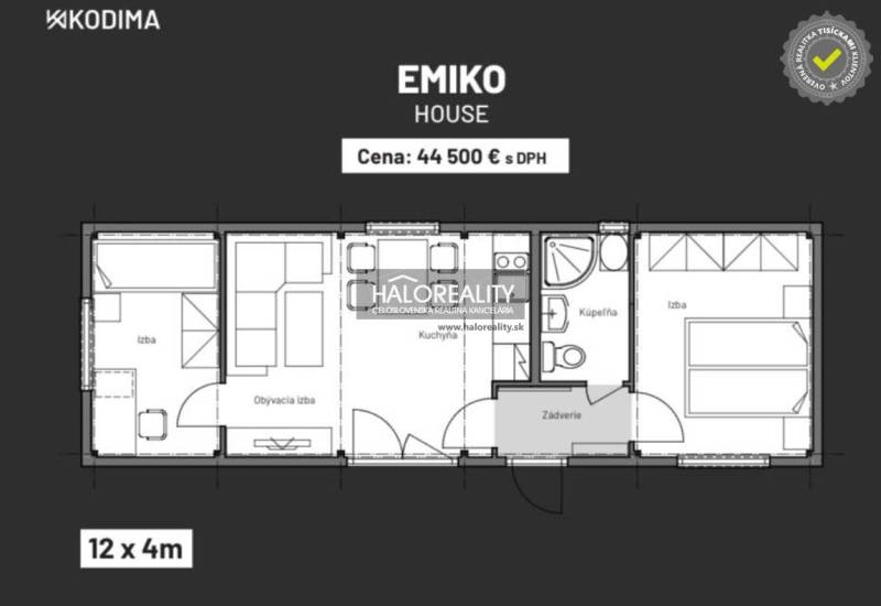 Der Grundriss des Hauses Emiko umfasst eine Küche, ein Wohnzimmer und ein Badezimmer, ideal für Grundstücke - Wohnen.