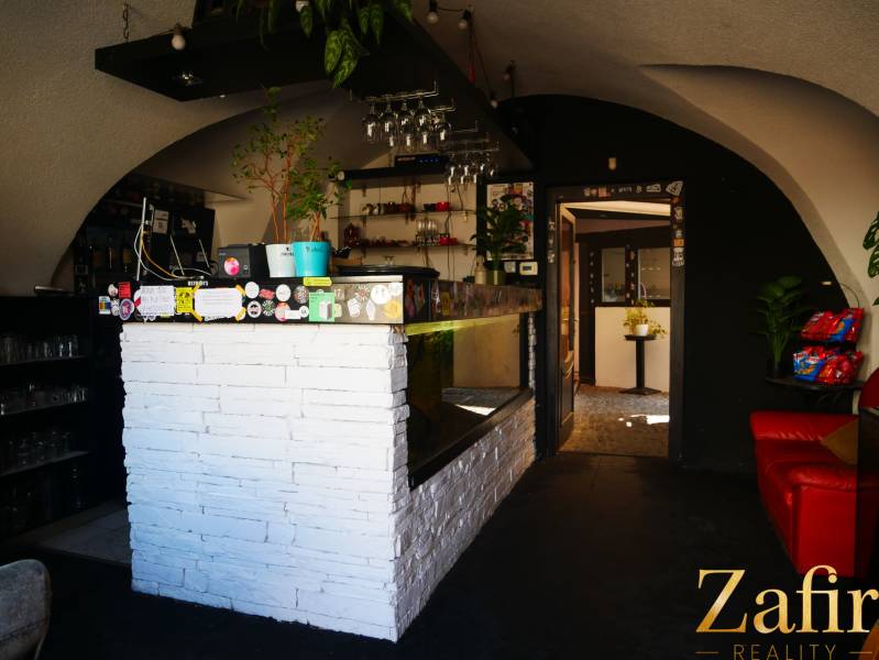 Innenraum eines Gastronomiebereichs mit weißer Bar, Pflanzen und bequemen Sitzgelegenheiten.