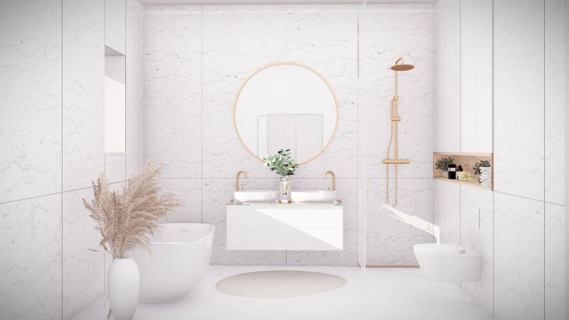 Luxuriöses Badezimmer mit Badewanne und Doppelwaschbecken, weißer Marmor in einer 4-Zimmer-Wohnung.