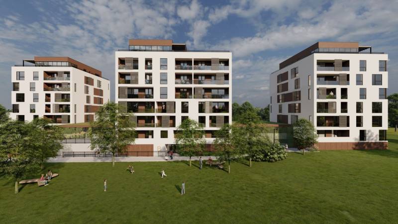 Wohnsiedlung in der Suchoňova-Straße in Poprad, umgeben von Grünflächen und Rasen.