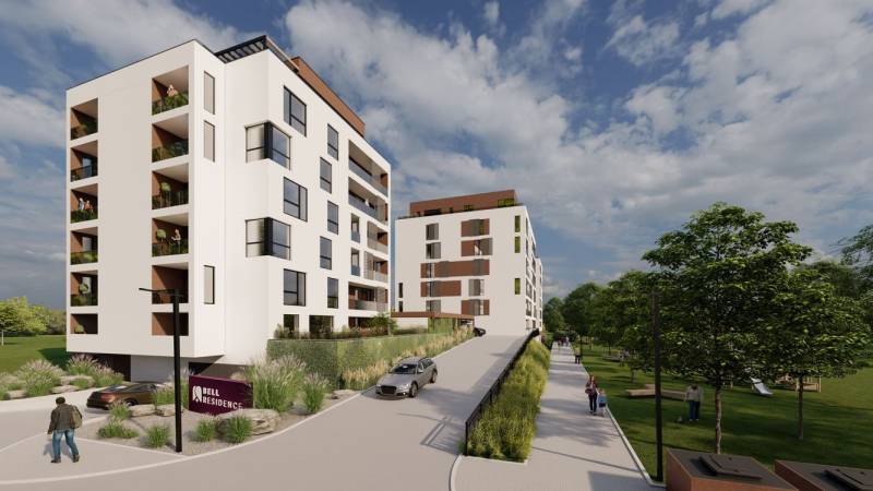 Neubau und Grünfläche in der Suchoňova-Straße in Poprad neben einer 4-Zimmer-Wohnung.