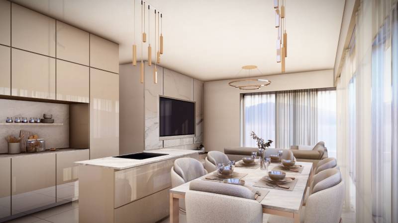 Essbereich mit großem Tisch und hängenden Leuchten in einer 4-Zimmer-Wohnung.