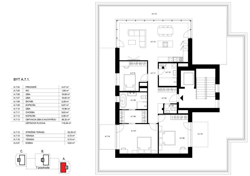 Der Grundriss einer 4-Zimmer-Wohnung zeigt die Anordnung der Zimmer, der Küche, der Badezimmer und der Terrassen.