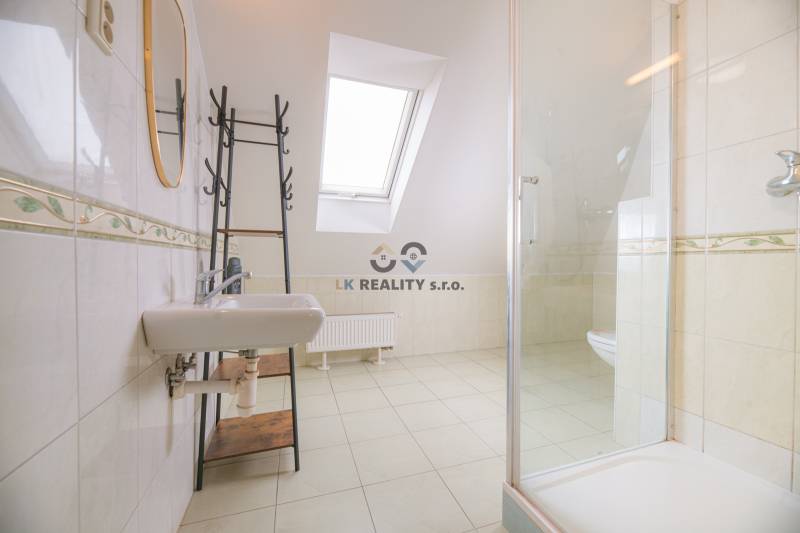 Badezimmer mit Dusche und Dachfenster in einer 2-Zimmer-Wohnung.