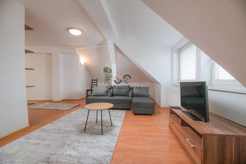 Wohnzimmer in einer Zweizimmerwohnung mit grauem Sofa und Holzboden.