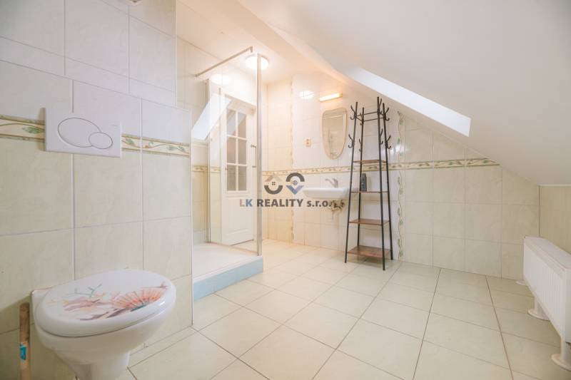 Badezimmer mit Toilette, Duschkabine und Waschbecken in einer 2-Zimmer-Wohnung mit Dachboden.