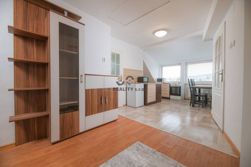 Wohnzimmer mit Holzboden und Küche in einer 2-Zimmer-Wohnung.