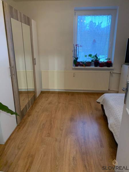 Ein Zimmer in einer 2-Zimmer-Wohnung mit einem Boden in Holzoptik und einem Schrank mit Spiegel.