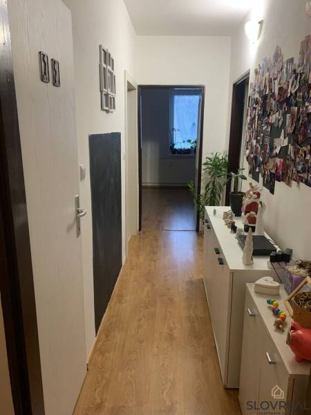 Flur mit Holzboden, Kommode und Dekorationen, 2-Zimmer-Wohnung.