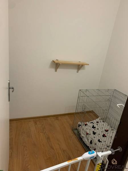 Malý pokoj s nástěnnou policí, podlahou s dřevěným dekorem a klecí pro zvíře.