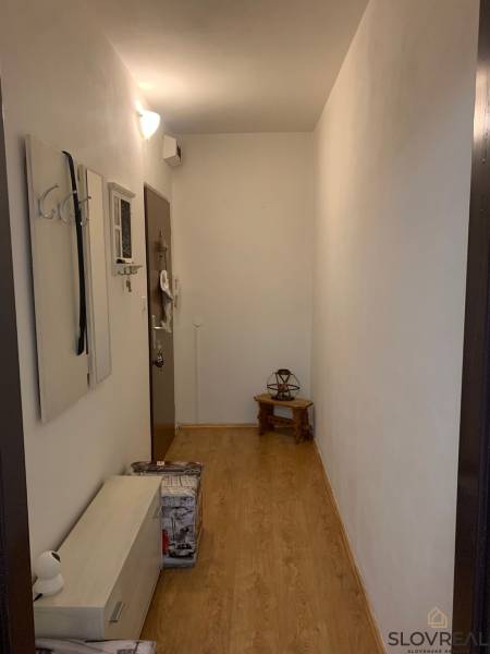 Ein schmaler Flur mit weißen Wänden, einem Boden in Holzoptik und minimalistischen Möbeln.