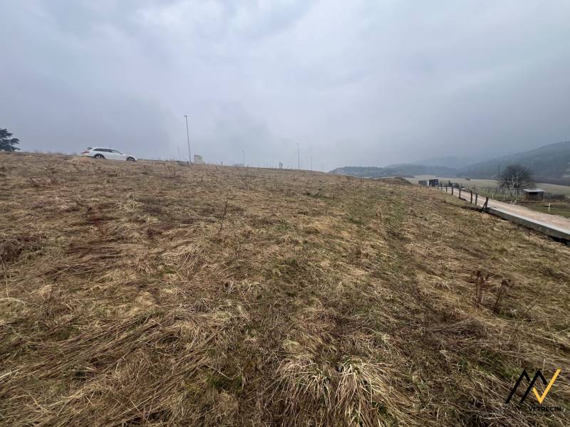 Ein grasbewachsenes, mit Klee bedecktes Grundstück zum Wohnen in Stará Ľubovňa mit sichtbarem Auto und Straße.