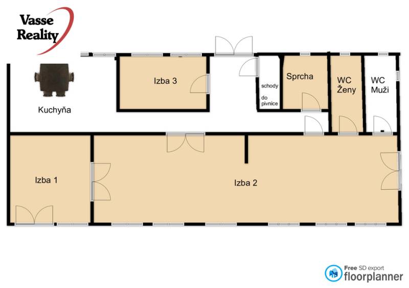 Grundriss der Gastronomieräume mit Küche, drei Zimmern und sanitären Einrichtungen.