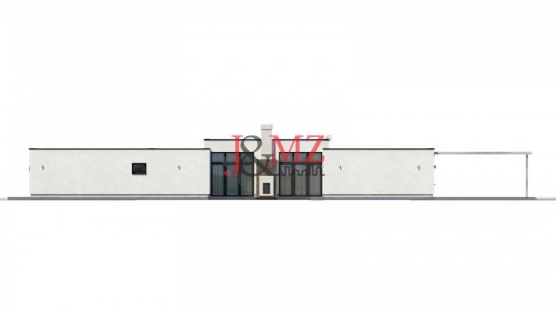 Ein einstöckiges Einfamilienhaus in Dolná Seč mit minimalistischer Fassade und verglasten Flächen.