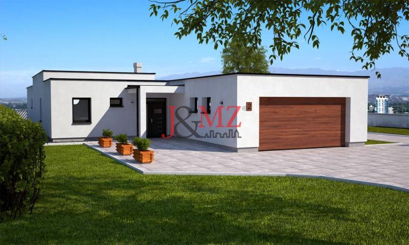 Ein Einfamilienhaus in Dolná Seč mit weißer Fassade, großer Terrasse und grünem Rasen.