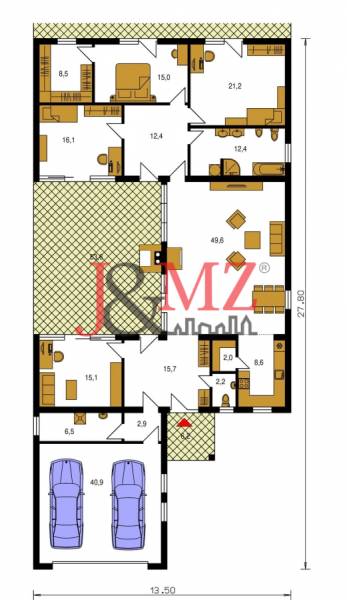 Grundriss eines einstöckigen Einfamilienhauses mit Garage und geräumigem Wohnzimmer.