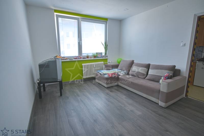 Wohnzimmer in einer Einzimmerwohnung mit Sofa und Holzboden.