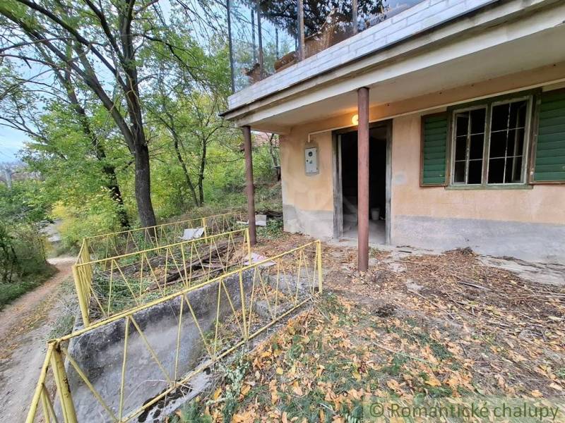 Eine Hütte in Kamenín, umgeben von Bäumen und einem Geländer, mit einem Eingang auf einer Betonterrasse.