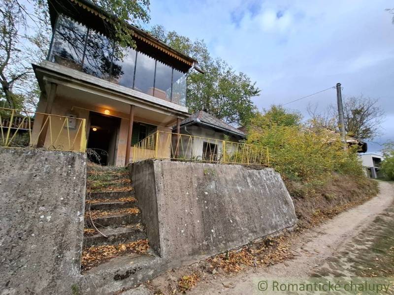 Eine Hütte in Kamenín, umgeben von Grün, mit großen Fenstern und einem Betonvordereingang.