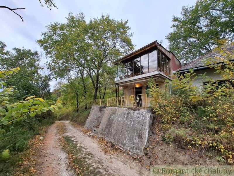 Eine Hütte in Kamenín mit einem verglasten Obergeschoss, umgeben von Bäumen und einem Waldweg.