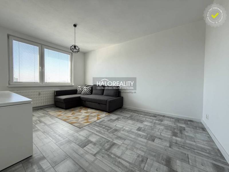 Wohnzimmer in einer 2-Zimmer-Wohnung mit Holzboden und grauem Sofa.