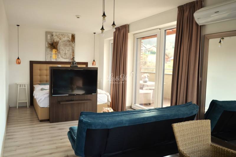 Innenraum einer 2-Zimmer-Wohnung mit Holzboden, Fernseher und Balkon.