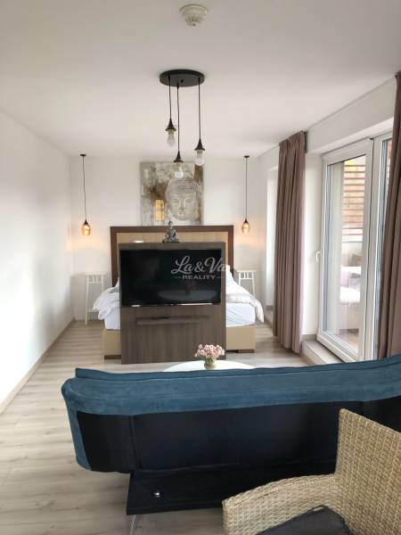 Wohnzimmer in einer Zweizimmerwohnung mit Holzboden und abgetrenntem Schlafbereich.