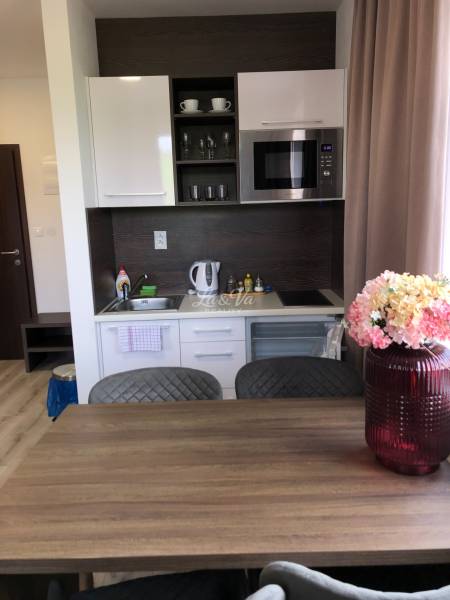 Küche in einer 2-Zimmer-Wohnung mit weißen Schränken und Mikrowelle.