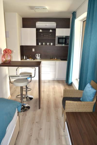 Küche in einer 2-Zimmer-Wohnung mit Bartresen und Boden in Holzoptik.